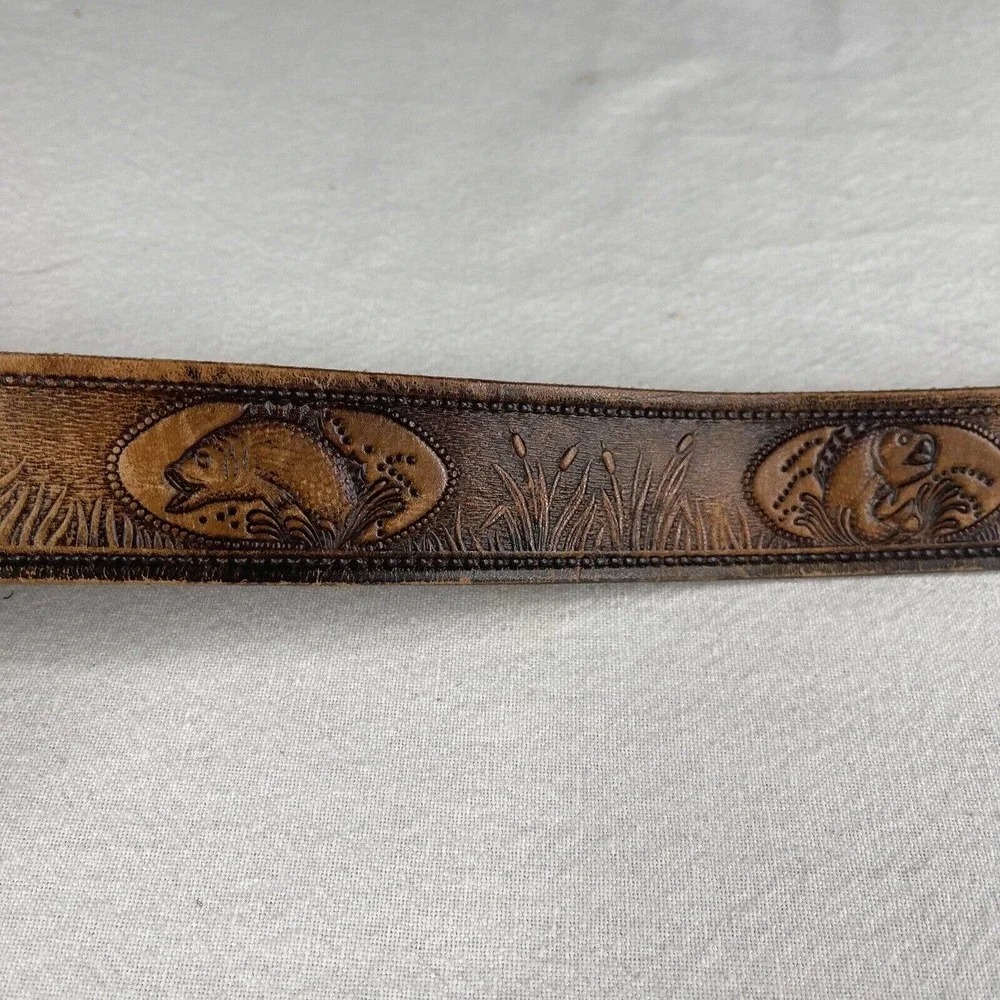 Engraved Leather Belt 44” Fishing Brown Fish Lakes Walleyes Northern ￼bass Pole